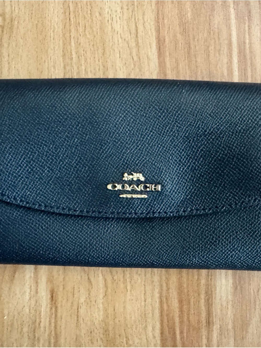 Coach Black Saffiano Leather Fold-Over Wallet with Gold Emblem